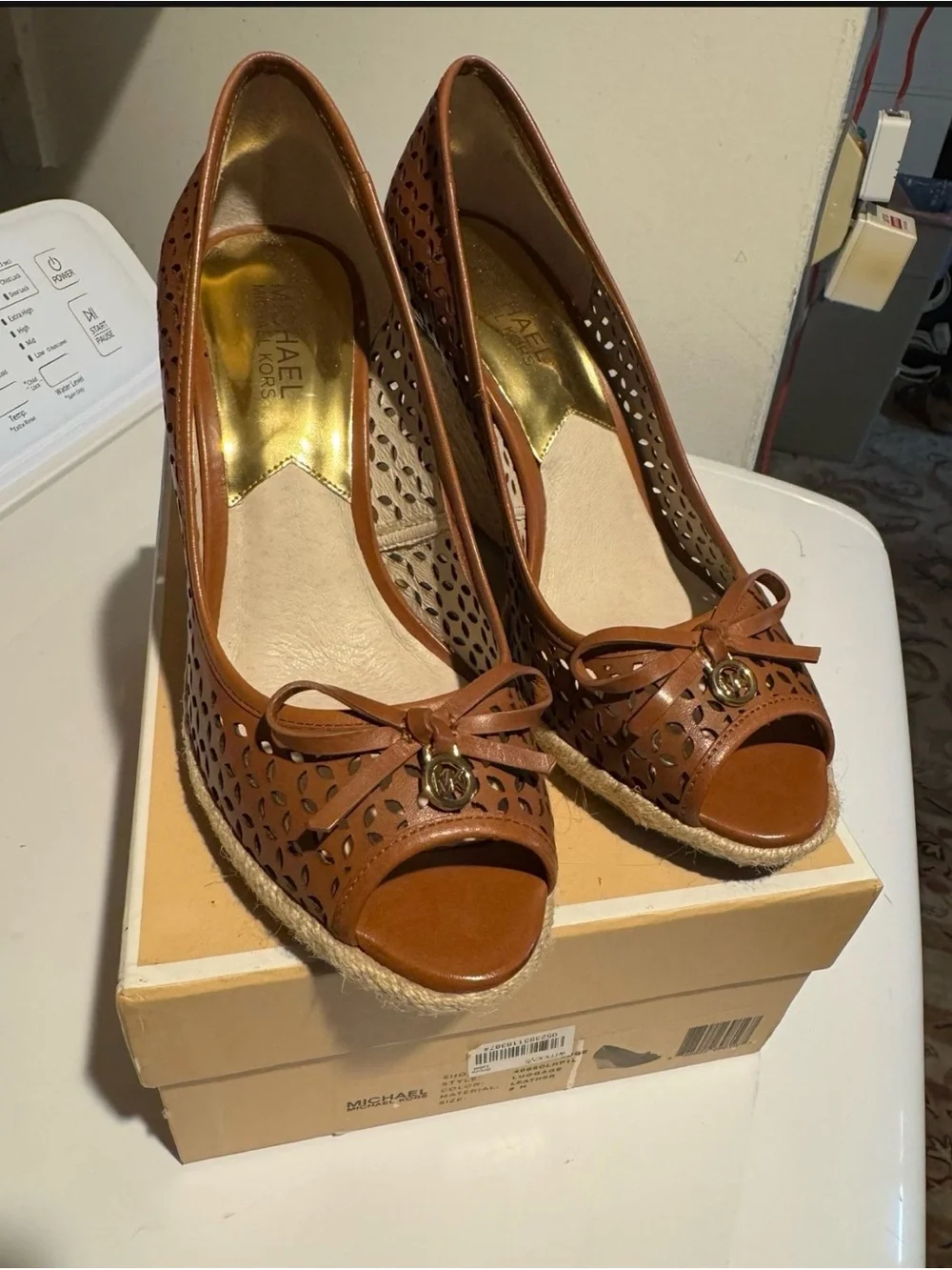 Michael Kors Cognac Perforated Leather Espadrille Wedge Peep-Toe